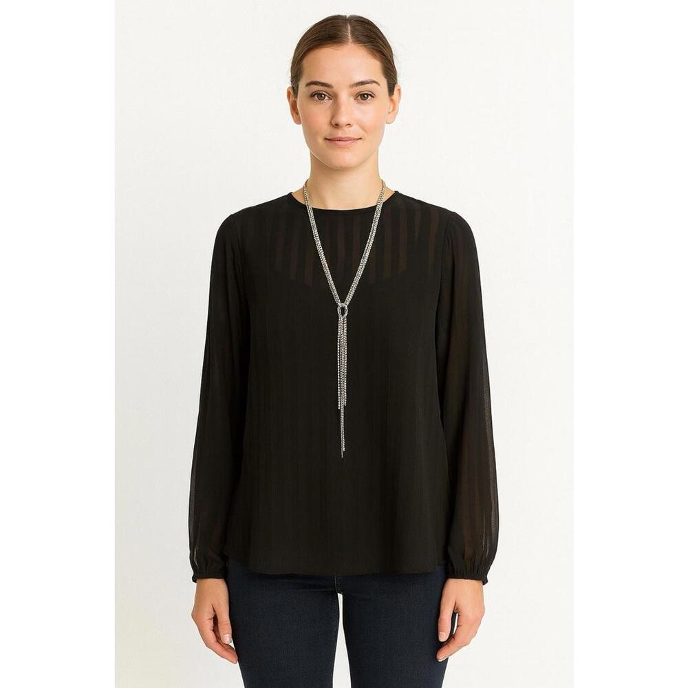 DKNY  Blouse women's Sz L Black 1Button IN BACK LONG Sleeve Semi Sheer Top